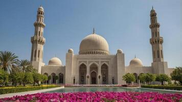 Sultan Qaboos Grand Mosque with Pink Flowers Under Clear Blue Sky photo