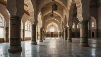 Exploring the Grand Interior of a Mosque with Arches and Pillars photo