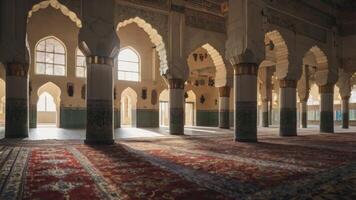 Exploring Interior of Islamic Mosque with Arches Columns and Carpet photo