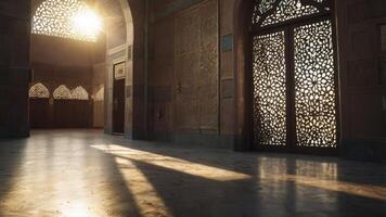 Sunlight Streaming Through Ornate Architectural Details Inside Ancient Building Interior photo