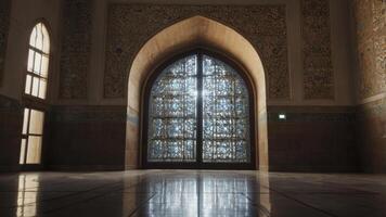 Viewing Ornate Window with Sunlight in Grand Building Interior photo