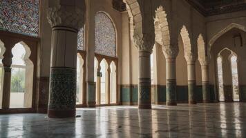 Exploring Intricate Islamic Architecture Interior with Arches, Columns, and Tilework photo