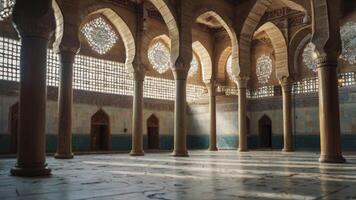 Exploring Interior of an Ornate Mosque with Arches and Columns photo