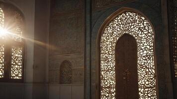 Intricate Islamic Doorway with Sunlight Streaming Through Carved Windows Pattern photo
