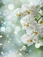Blooming White Orchid Flowers with Bokeh Lights for Elegant Backgrounds photo