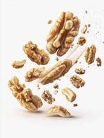 Walnut Halves Falling on White Background Showcasing Natural Snack Ingredient photo