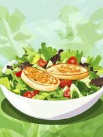 Fresh Salad with Toasted Bread Rounds and Tomatoes in White Bowl photo