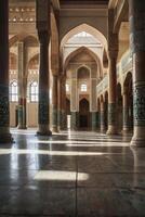 Interior View of Mosque with Arches and Sunlight Creating Shadows photo