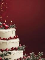 Festive Three Tier Cake with Red Ornaments and Evergreen Sprigs photo