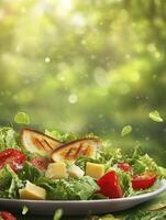 Fresh Salad with Grilled Bread and Cheese on a Plate Outdoors photo