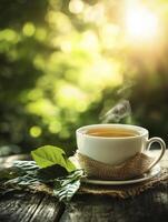 Enjoying Hot Herbal Tea Outdoors on Rustic Table with Sun Flare photo