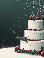 Elegant Holiday Cake Displayed with Holly and Berries in Snowy Ambiance photo