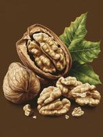 Delicious Walnuts Still Life Illustration with Open Shell and Green Leaf photo