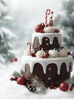 Delicious Christmas Cake with Candy Canes in a Festive Winter Scene photo