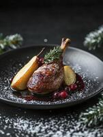 Roasted Duck Leg with Pear and Cranberry Sauce Festive Holiday Dish photo
