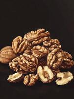 Pile of Walnuts on Black Background Still Life Illustration Style photo