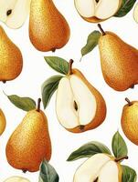 Ripe Pear Pattern with Green Leaves on a White Background photo