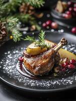 Delicious Duck Leg Confit with Pear and Cranberry Sauce Holiday Dish photo