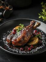 Roasted Duck Leg with Cranberries and Pear on Black Plate photo
