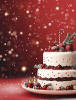 Festive Christmas Cake with Decorations on Red Background and Snowfall photo