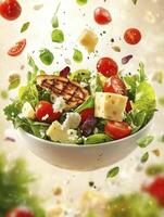 Fresh Salad with Flying Cherry Tomatoes Cheese and Croutons in Bowl photo