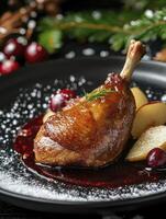 Roasted Duck Leg with Fruit and Sauce for Holiday Celebration photo
