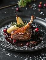 Serving Roasted Duck Leg with Pear and Cherry Sauce on Plate photo