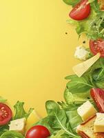 Fresh Salad Ingredients with Tomatoes and Cheese on Yellow Background photo