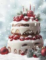 Celebrating Winter Festivities Delicious Cake Adorned with Festive Decorations and Snowfall photo