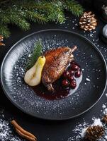 Roasted Duck Leg with Pear and Cherry Sauce Festive Holiday Meal photo