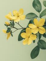 Blooming Yellow Flower with Green Leaves on Light Background Still Life photo