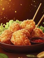 Appetizing Fried Chicken Skewers with Lettuce and Sauce Ready to Eat photo