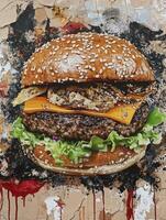 Delicious Hamburger with Cheese and Lettuce on Artistic Background Illustration photo