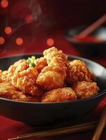 Crispy Fried Chicken Bites in Bowl with Red Dipping Sauce photo