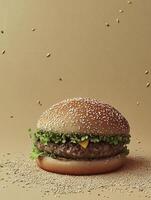 Appetizing Sesame Seed Burger with Lettuce on a Beige Background photo