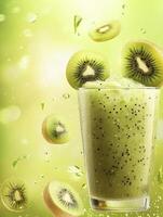 Refreshing Kiwi Smoothie with Flying Fruit Slices on Green Bokeh Background photo