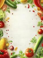 Fresh Vegetables and Herbs Frame on White Background for Menu Design photo