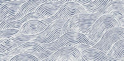 Crafted hand drawn wave brush line abstract pattern in white and indigo blue, Japanese and ethnic, tribal wood carving, block print textured surface background, simple graphic for carpet, textile vector