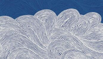 Crafted hand drawn wave brush line abstract pattern in white and indigo blue, Japanese and ethnic, tribal wood carving, block print textured surface background, simple graphic for textile, fabric vector