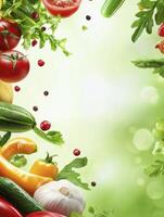 Assorted Fresh Vegetables and Herbs Border on Green Background Copy Space photo