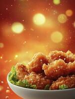 Crispy Fried Chicken Bites in Bowl with Lettuce and Bokeh Lights photo