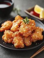 Serving Crispy Fried Chicken with Sesame Seeds and Dipping Sauce photo