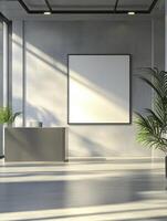 Modern Office Interior with Blank Frame and Plant, Sunlight Streaming in photo