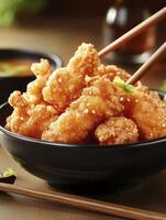 Serving Crispy Fried Chicken with Sesame Seeds and Chopsticks in Bowl photo