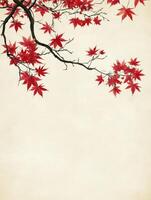 Branch with Red Maple Leaves Against Cream Background for Autumn Designs photo