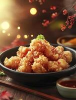 Serving of Sesame Chicken in Black Bowl with Dipping Sauce photo
