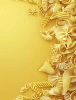 Assorted Dry Pasta Bordering a Yellow Background for Menu Design photo