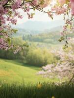 Blossoming Cherry Branches Frame Serene Landscape with Rolling Hills photo