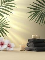 Spa Setting with Towels Candles and Tropical Leaves for Relaxation photo