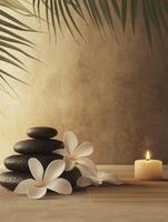 Stacked Stones with Plumeria Flowers and Candle Creating a Spa Scene photo